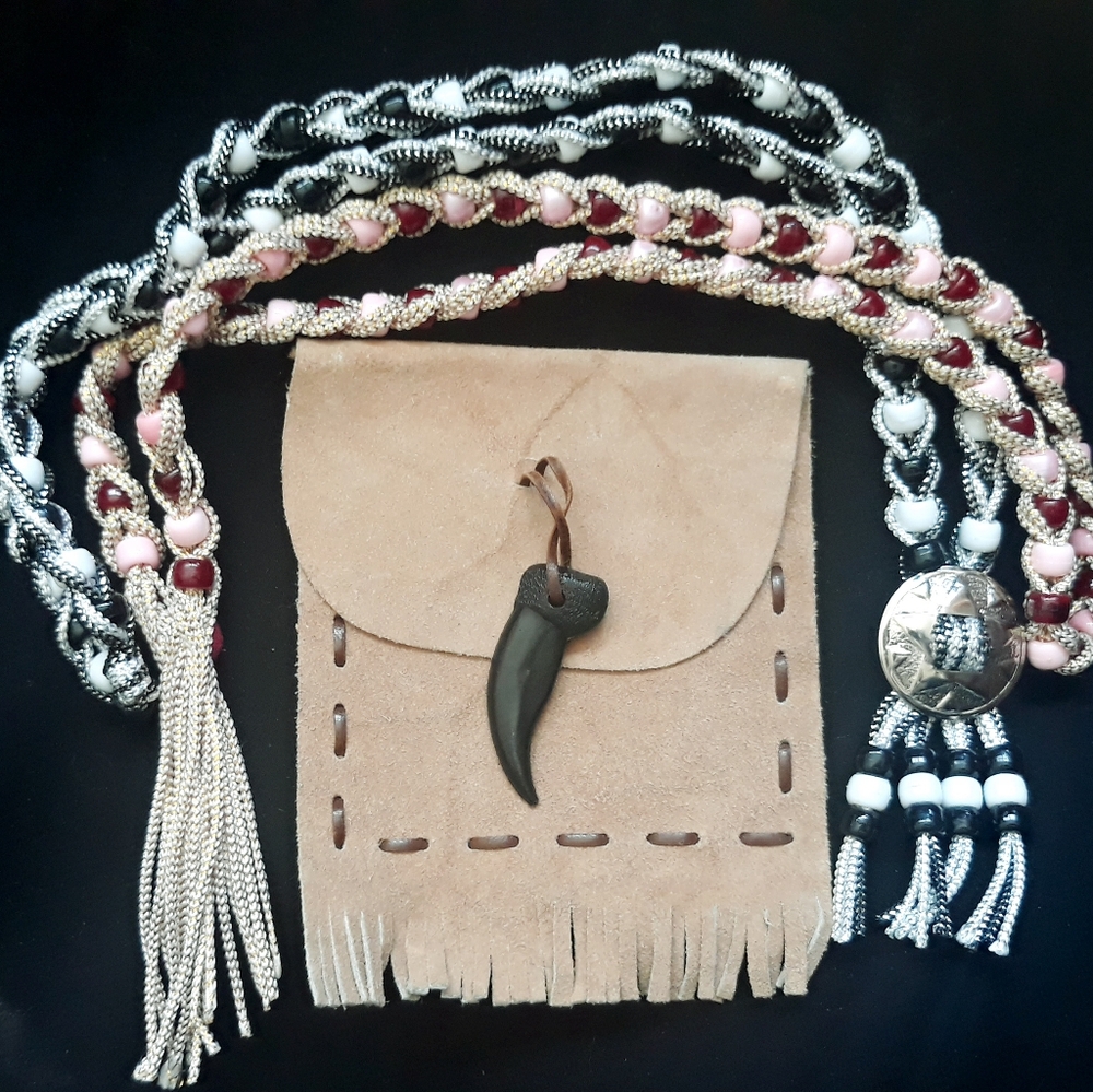 Vintage - Two Western Braided Lariat Necklace Black/Pink + Leather Pouch